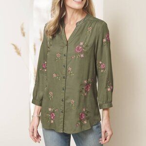 NorthStyle - 1X Olive Green Embroidered Button Down Shirt -NWOT - 3/4 Sleeves